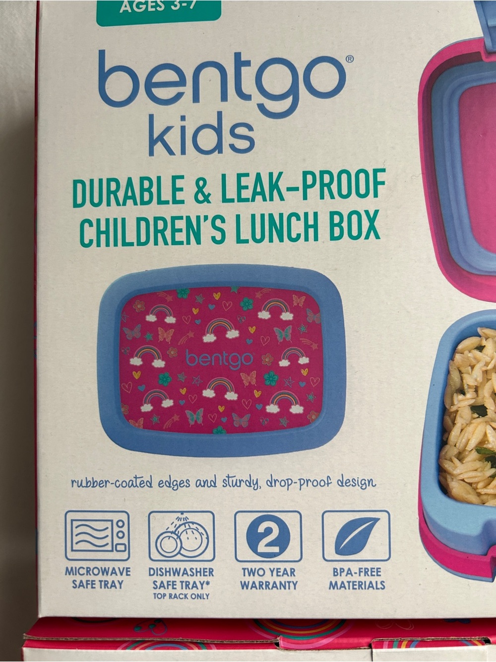 NIB 2 x Bentgo Kids Pink Lunch Box with Rainbow & Butterfly Design